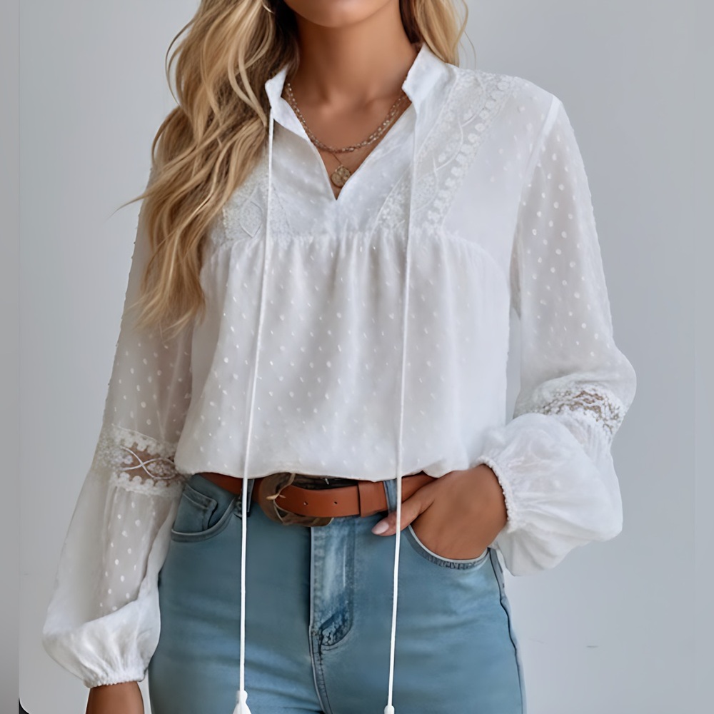 Swiss Dot Embroidery Mesh Insert Lantern Sleeve Tassel Tie Blouse White - Picture 4 of 10